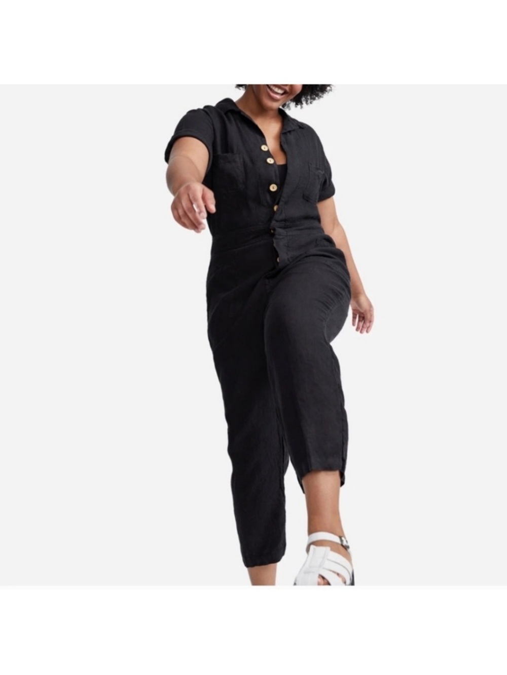 Mate The Label Linen Short Sleeve Black Jumpsuit Small